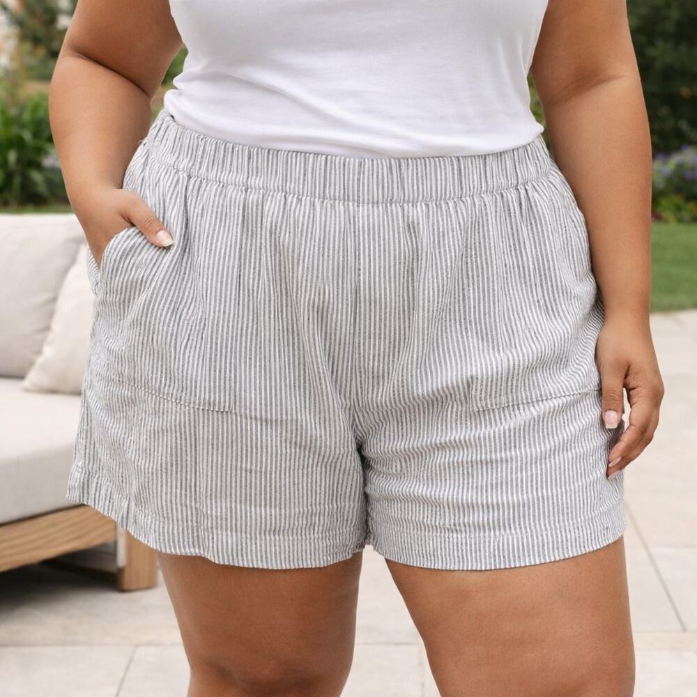 J. Crew Linen Blend Pull On Shorts Blue White Striped XL